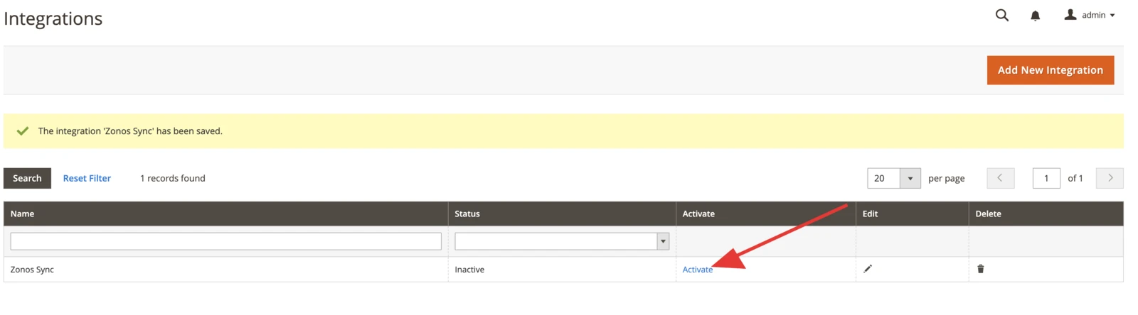The Magento Integrations list with the Activate link highlighted