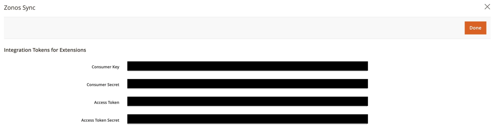The Magento Integration Tokens for Extensions page, showing where the Consumer Key, Consumer Secret, Access Token, and Access Token Secret appear