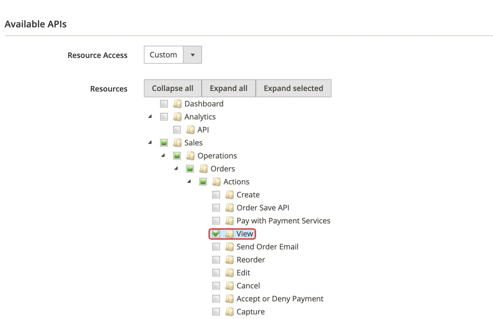The Magento API permissions tree with Orders > Actions > View highlighted